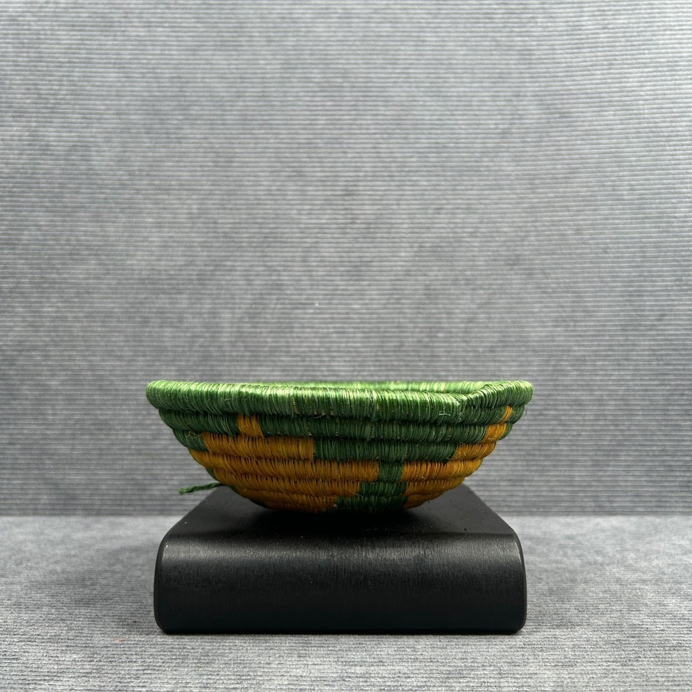 Vintage Handwoven Coiled Basket Green Gold Geometric Small Decorative Bowl 6.5"